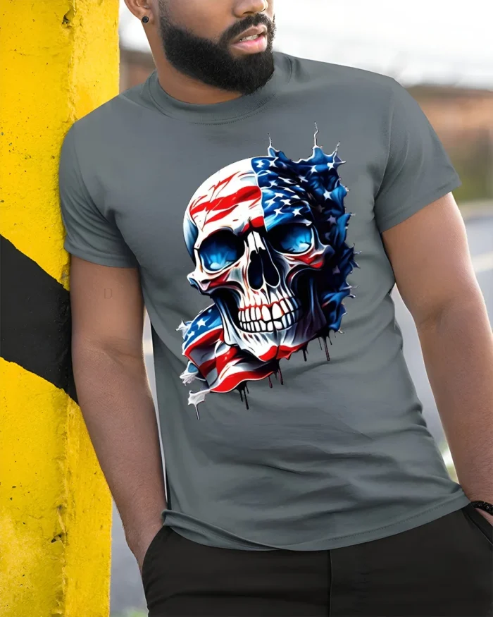 American Flag Skull T-Shirt for Men 4th of July Tee - model in grey shirt leaning against column