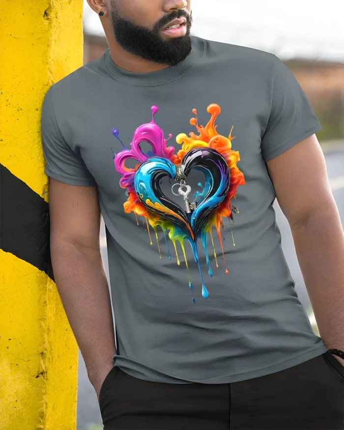 Colorful Heart Key T-Shirt Artistic Love Graphic - model in grey shirt leaning against column