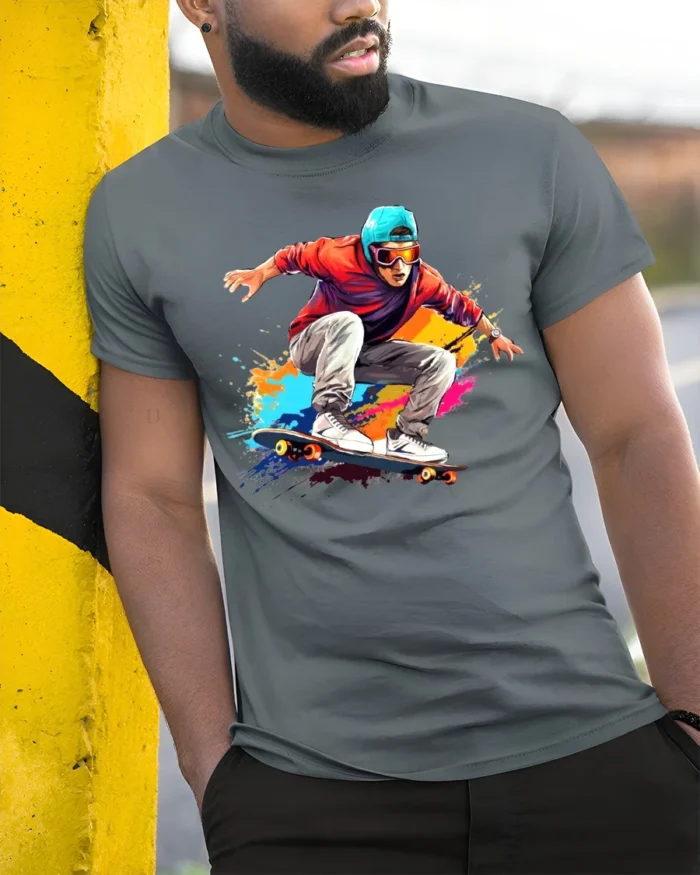 Skater Action T-Shirt Color Splash Skateboarding Graphic - model in grey shirt leaning against column