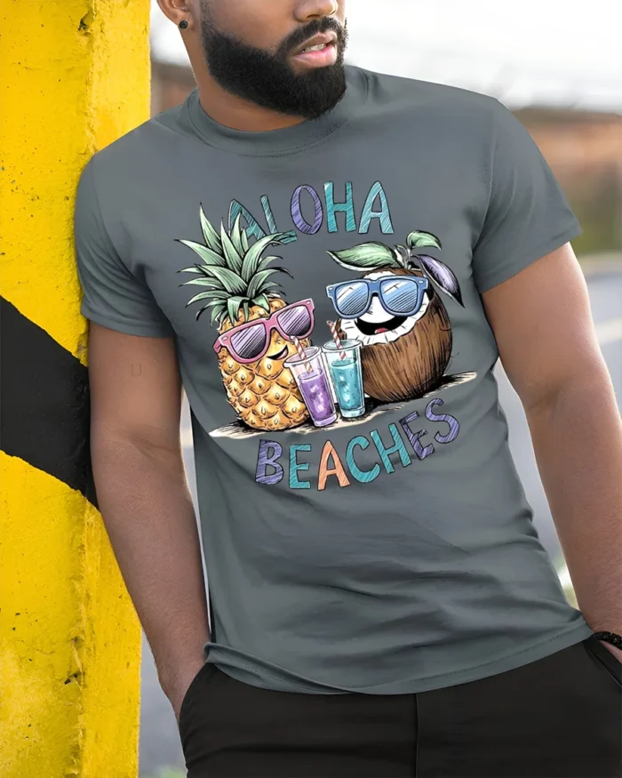 Aloha Beaches T-Shirt Funny Pineapple Coconut Beach - model in grey shirt leaning against column