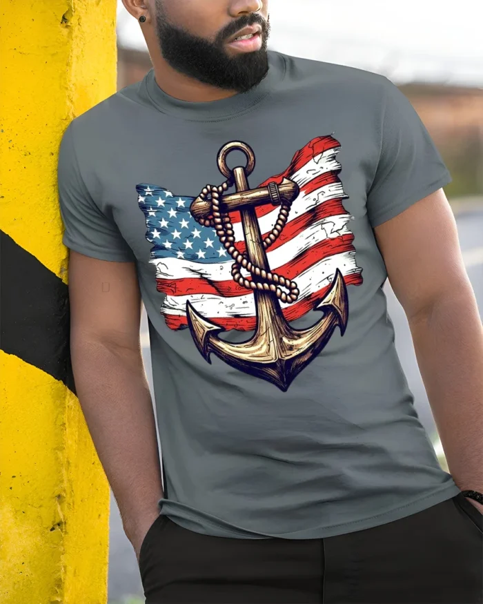 Vintage Anchor USA Flag T-Shirt 4th of July Navy Shirt - model in grey shirt leaning against column