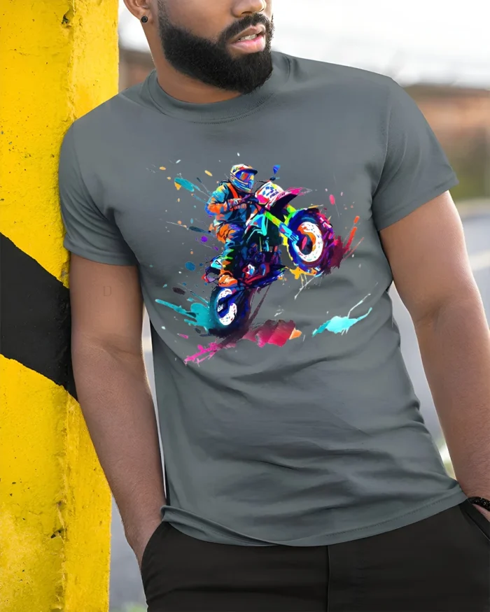 Color Splash Motocross Rider T-Shirt Extreme Dirt Bike - model in grey shirt leaning against column