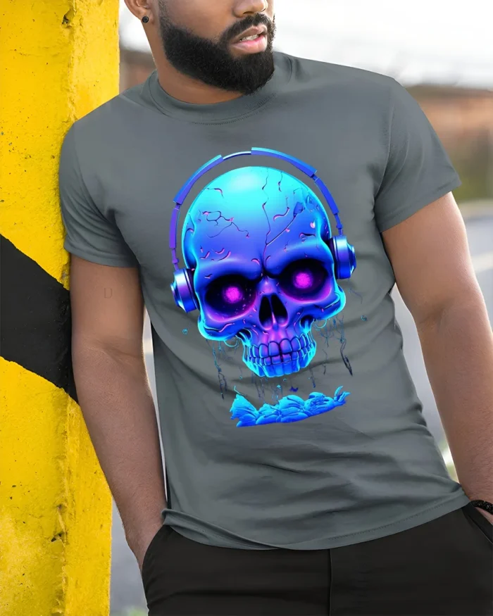 Neon Skull Headphones T-Shirt Cool DJ Glow in Dark - model in grey shirt leaning against column