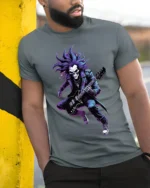 Skull Rock Guitarist T-Shirt for Metal and Rock Fans - model in grey shirt leaning against column