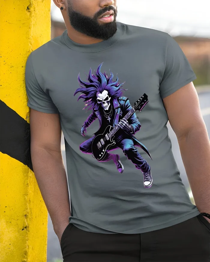 Skull Rock Guitarist T-Shirt for Metal and Rock Fans - model in grey shirt leaning against column