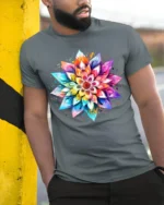 Colorful Mandala Flower T-Shirt for Boho and Yoga Lovers - model in grey shirt leaning against column