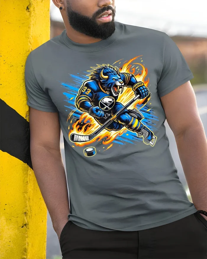 Buffalo Hockey Beast T-Shirt for Ice Hockey Fans - model in grey shirt leaning against column