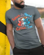 Robots Need Coffee Too Funny Graphic T-Shirt for Geeks - model in grey shirt leaning against column