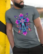 Vibrant Neon Cross Christian Faith T-Shirt for Believers - model in grey shirt leaning against column