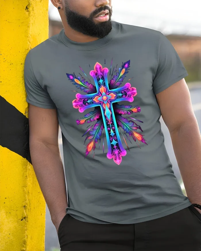 Vibrant Neon Cross Christian Faith T-Shirt for Believers - model in grey shirt leaning against column