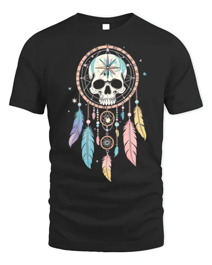 Skull Dreamcatcher T-Shirt Tribal Boho Feather Tee - black t-shirt on white background