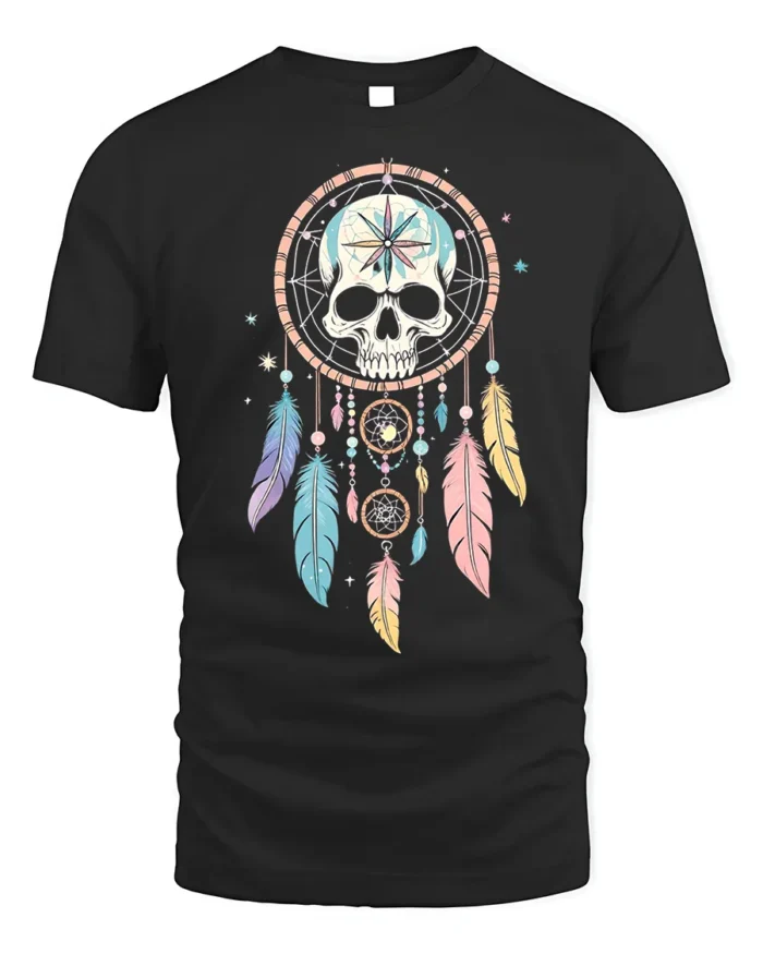 Skull Dreamcatcher T-Shirt Tribal Boho Feather Tee - black t-shirt on white background