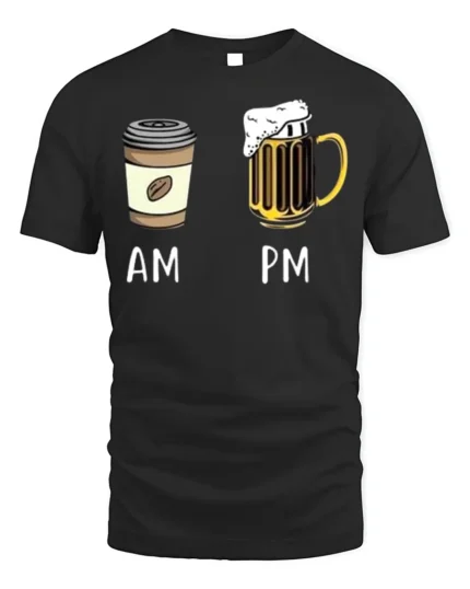 AM PM Coffee Beer T-Shirt Funny Graphic for Adults - black t-shirt on white background