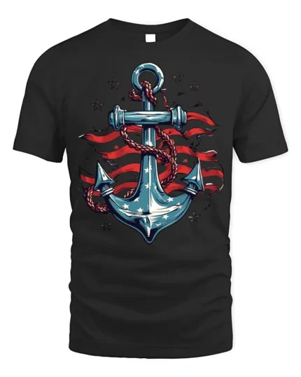 USA Anchor Flag Graphic T-Shirt 4th of July Style - black t-shirt on white background