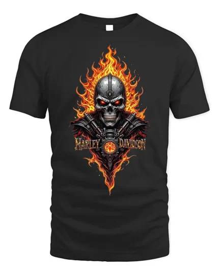 Harley Davidson Skull Flames T-Shirt Biker Graphic - black t-shirt on white background