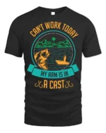 Funny Fishing T-Shirt My Arm Is in a Cast Graphic - black t-shirt on white background