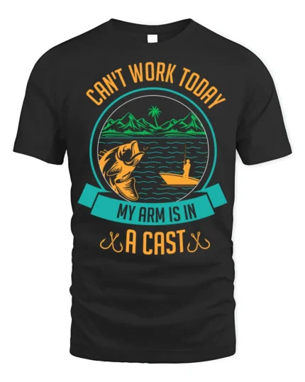 Funny Fishing T-Shirt My Arm Is in a Cast Graphic - black t-shirt on white background
