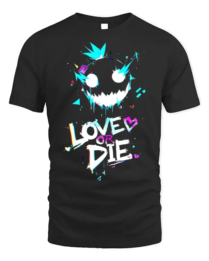 Love or Die Glitch Art T-Shirt Urban Punk Graphic - black t-shirt on white background
