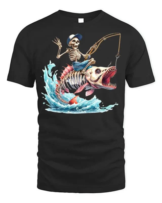 Skeleton Fisherman Monster Fish T-Shirt Funny Graphic - black t-shirt on white background