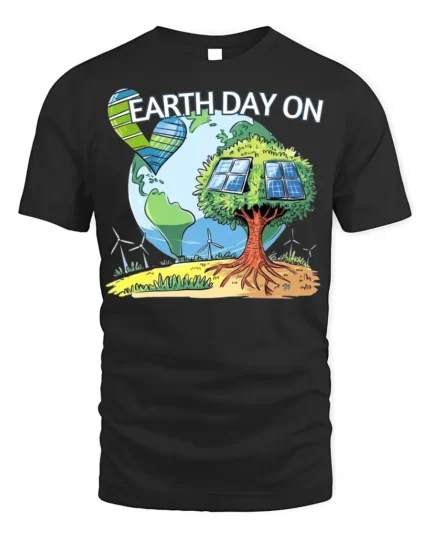 Earth Day On T-Shirt Eco Friendly Solar Tree Graphic - black t-shirt on white background