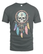 Skull Dreamcatcher T-Shirt Tribal Boho Feather Tee - gray t-shirt on white background