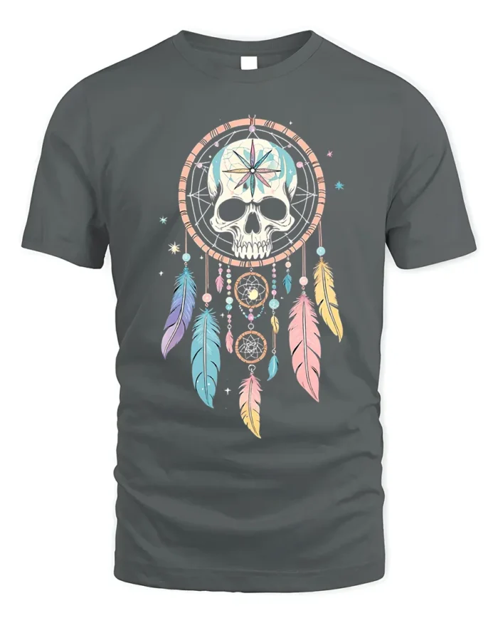 Skull Dreamcatcher T-Shirt Tribal Boho Feather Tee - gray t-shirt on white background