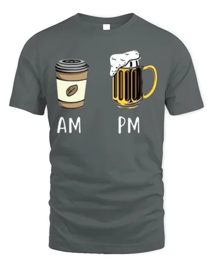 AM PM Coffee Beer T-Shirt Funny Graphic for Adults - gray t-shirt on white background