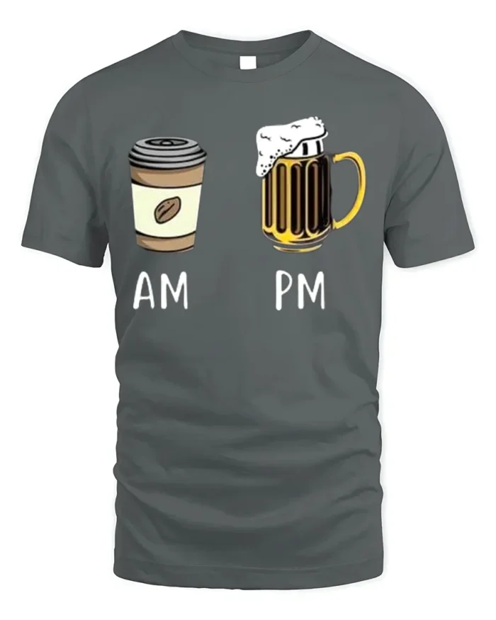 AM PM Coffee Beer T-Shirt Funny Graphic for Adults - gray t-shirt on white background