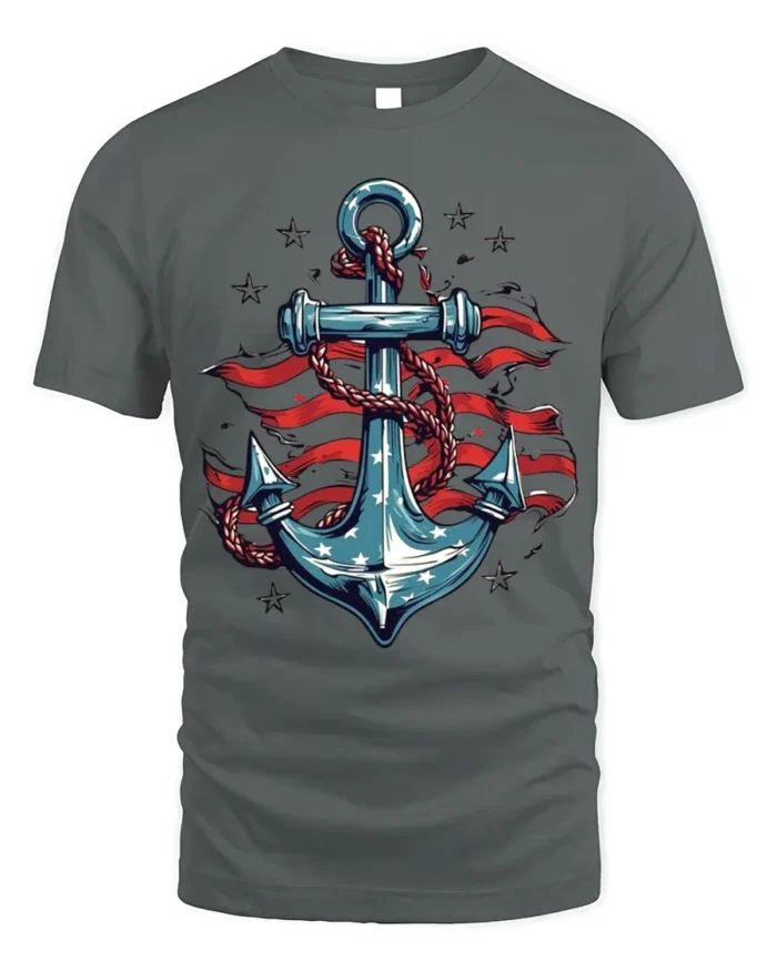 USA Anchor Flag Graphic T-Shirt 4th of July Style - gray t-shirt on white background