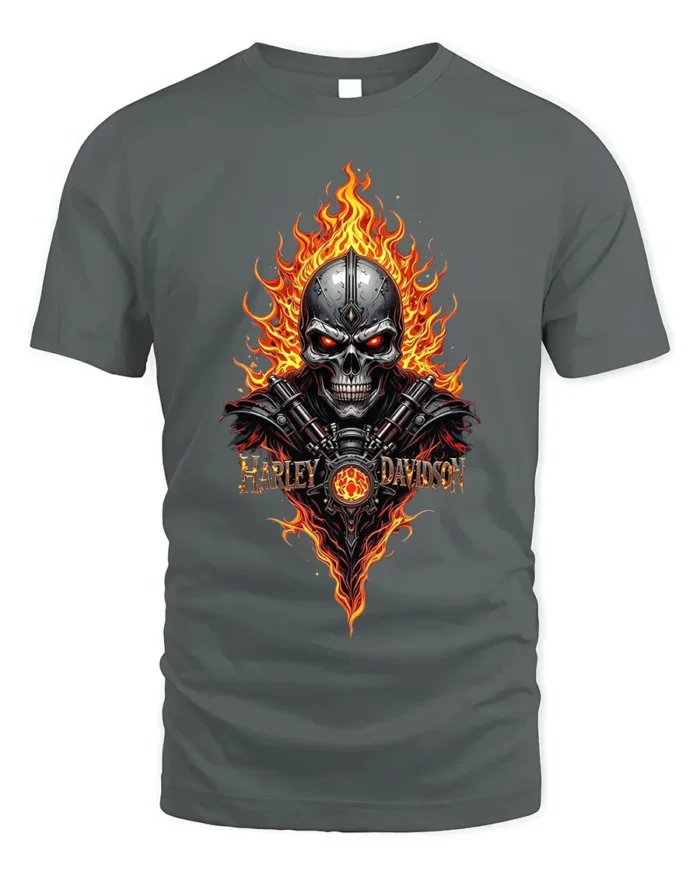 Harley Davidson Skull Flames T-Shirt Biker Graphic - gray t-shirt on white background
