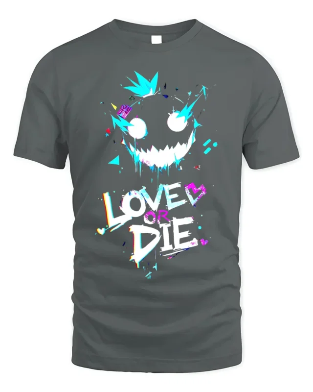 Love or Die Glitch Art T-Shirt Urban Punk Graphic - gray t-shirt on white background