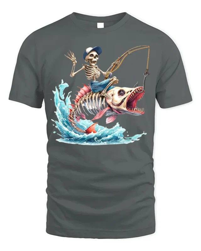 Skeleton Fisherman Monster Fish T-Shirt Funny Graphic - gray t-shirt on white background