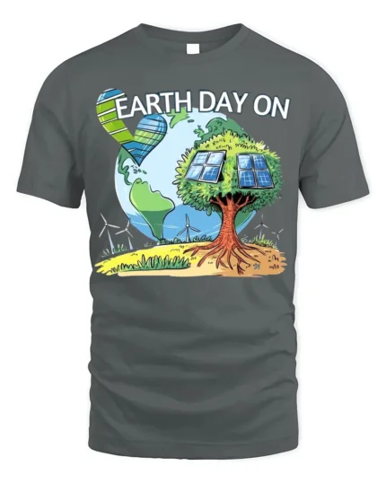 Earth Day On T-Shirt Eco Friendly Solar Tree Graphic - gray t-shirt on white background