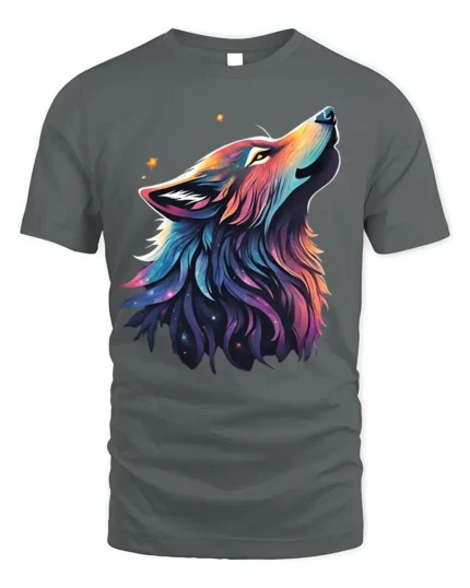 Cosmic Wolf T-Shirt Galaxy Animal Art Graphic Tee - gray t-shirt on white background