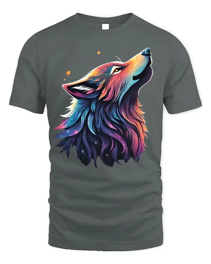 Cosmic Wolf T-Shirt Galaxy Animal Art Graphic Tee - gray t-shirt on white background