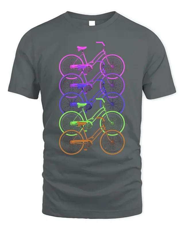 Retro Rainbow Bicycle T-Shirt Colorful Cycling Tee - gray t-shirt on white background