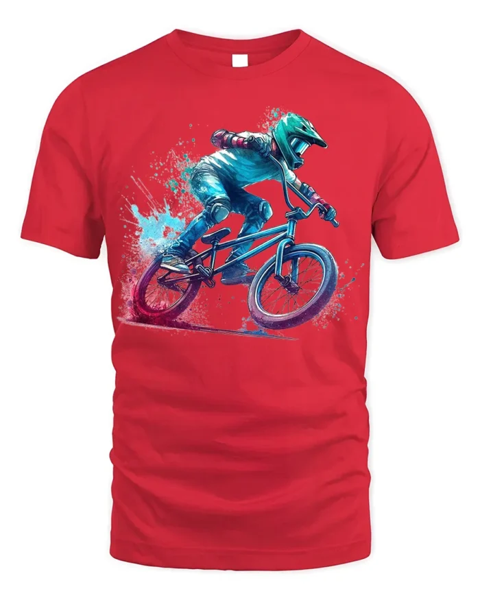 BMX Rider Splash Art Graphic T-Shirt Cool Biker Tee - red t-shirt on white background