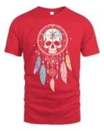 Skull Dreamcatcher T-Shirt Tribal Boho Feather Tee - red t-shirt on white background