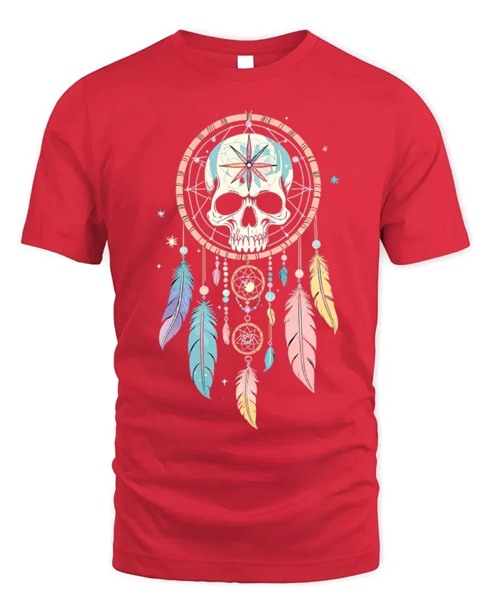 Skull Dreamcatcher T-Shirt Tribal Boho Feather Tee - red t-shirt on white background