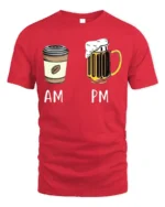 AM PM Coffee Beer T-Shirt Funny Graphic for Adults - red t-shirt on white background