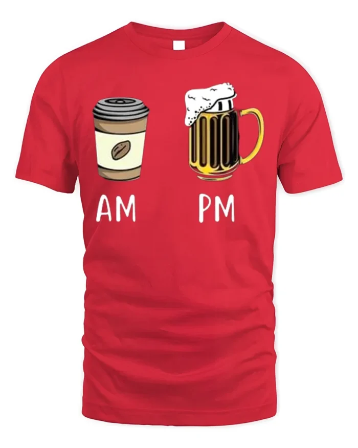 AM PM Coffee Beer T-Shirt Funny Graphic for Adults - red t-shirt on white background