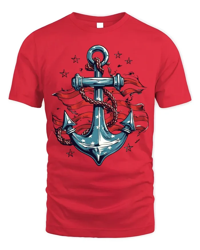 USA Anchor Flag Graphic T-Shirt 4th of July Style - red t-shirt on white background