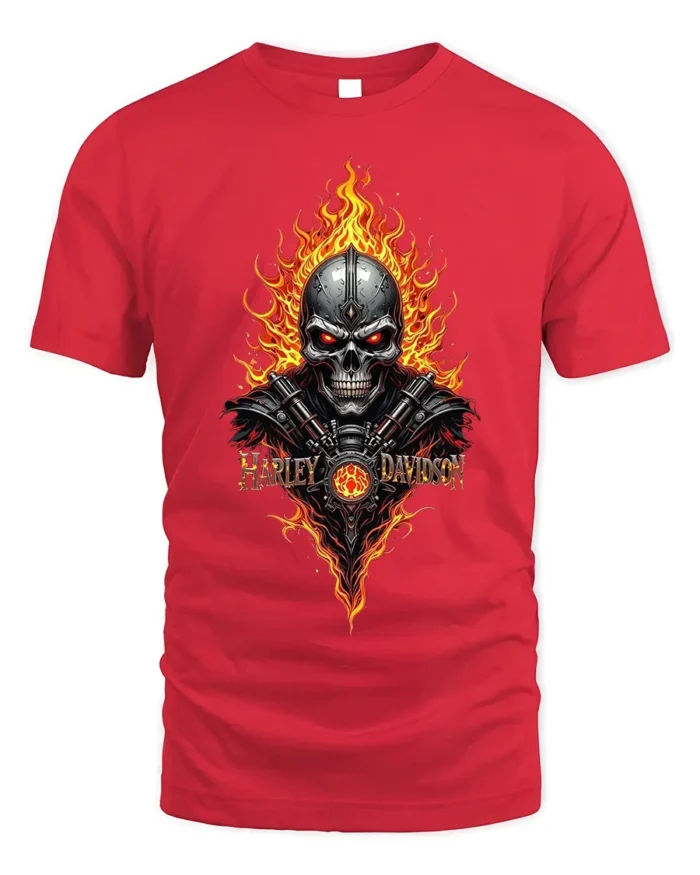 Harley Davidson Skull Flames T-Shirt Biker Graphic - red t-shirt on white background