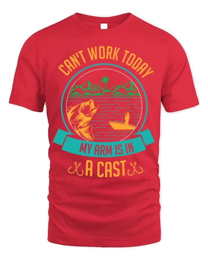 Funny Fishing T-Shirt My Arm Is in a Cast Graphic - red t-shirt on white background