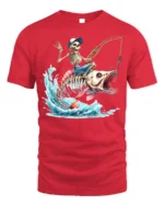 Skeleton Fisherman Monster Fish T-Shirt Funny Graphic - red t-shirt on white background