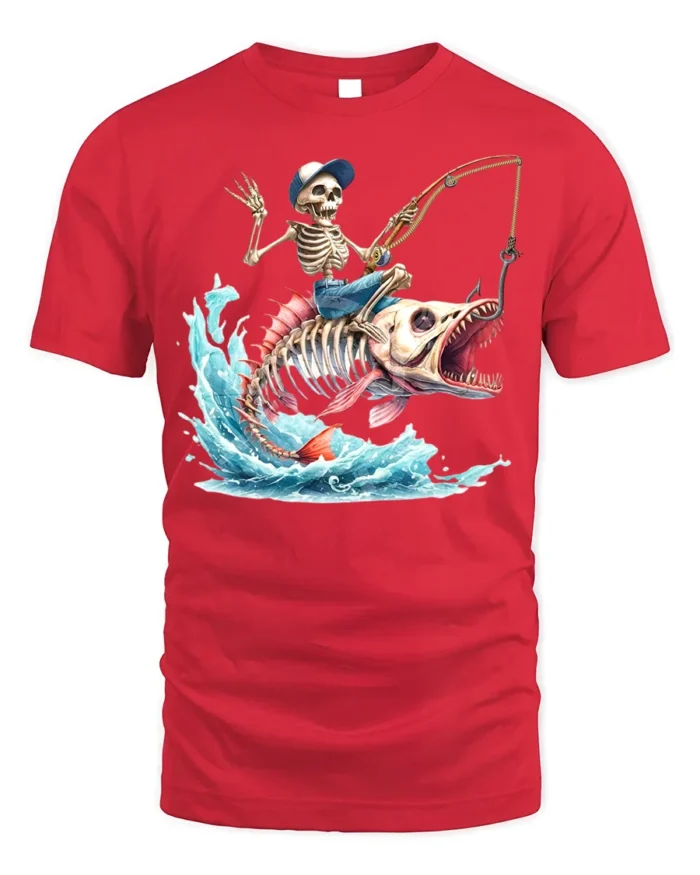 Skeleton Fisherman Monster Fish T-Shirt Funny Graphic - red t-shirt on white background