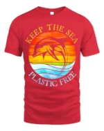 Keep The Sea Plastic Free Dolphin T-Shirt Eco Graphic - red t-shirt on white background