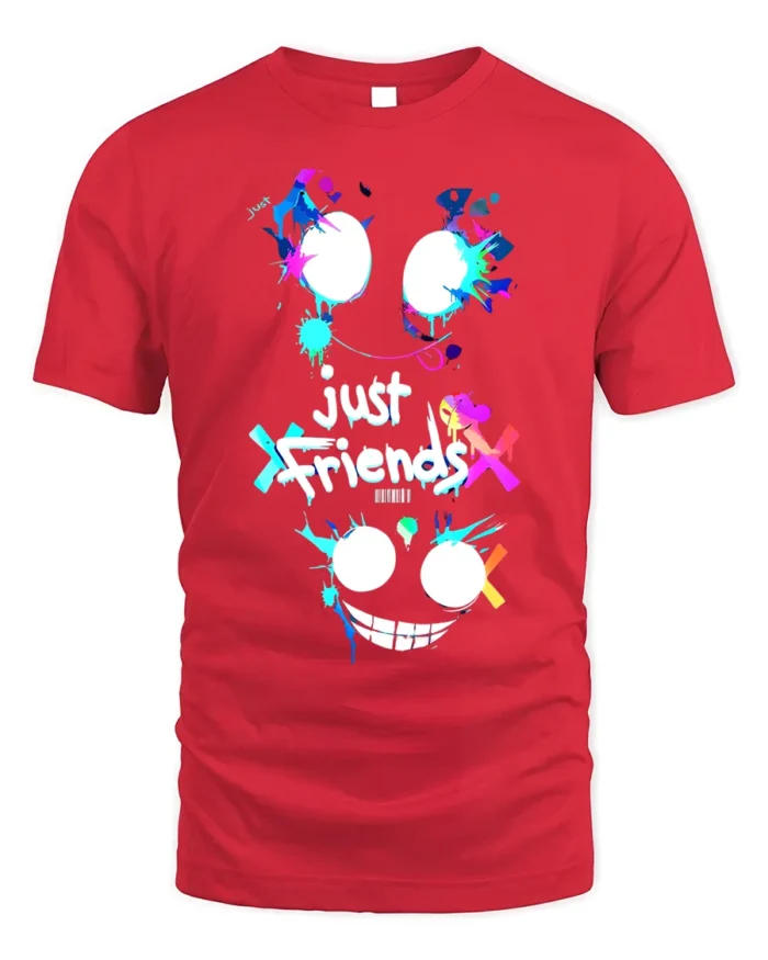 Just Friends Splatter Face T-Shirt Funny Streetwear Tee - red t-shirt on white background
