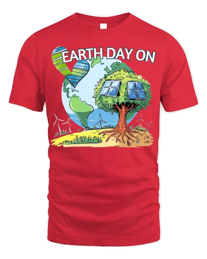 Earth Day On T-Shirt Eco Friendly Solar Tree Graphic - red t-shirt on white background