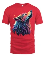 Cosmic Wolf T-Shirt Galaxy Animal Art Graphic Tee - red t-shirt on white background